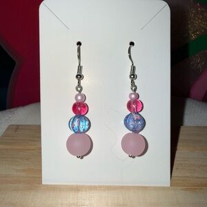 Pink and Blue Beaded Glass Earrings